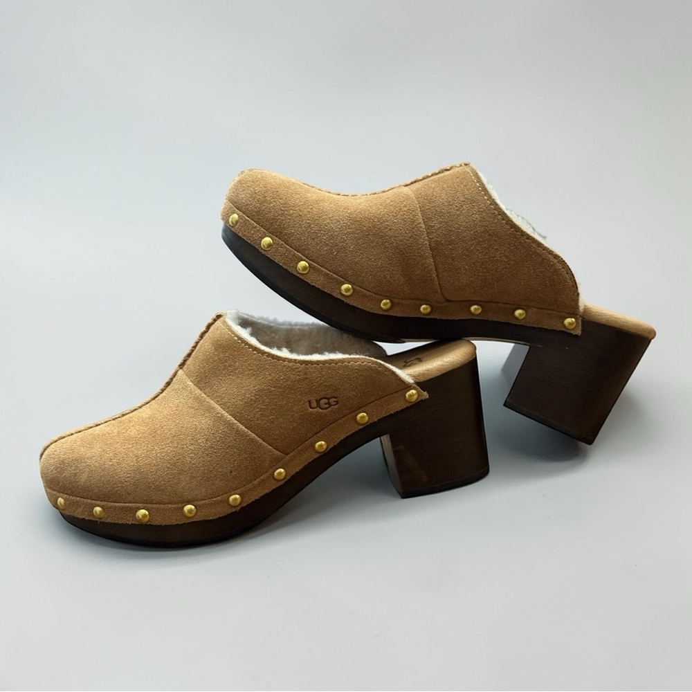 UGG Chestnut Brown Suede Kassi Sherpa Lined Slip On Clogs Heels Size 6 - Picture 7 of 11